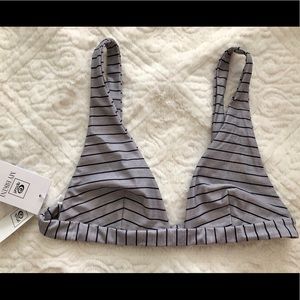 Grey bikini top with dark navy pin stripes